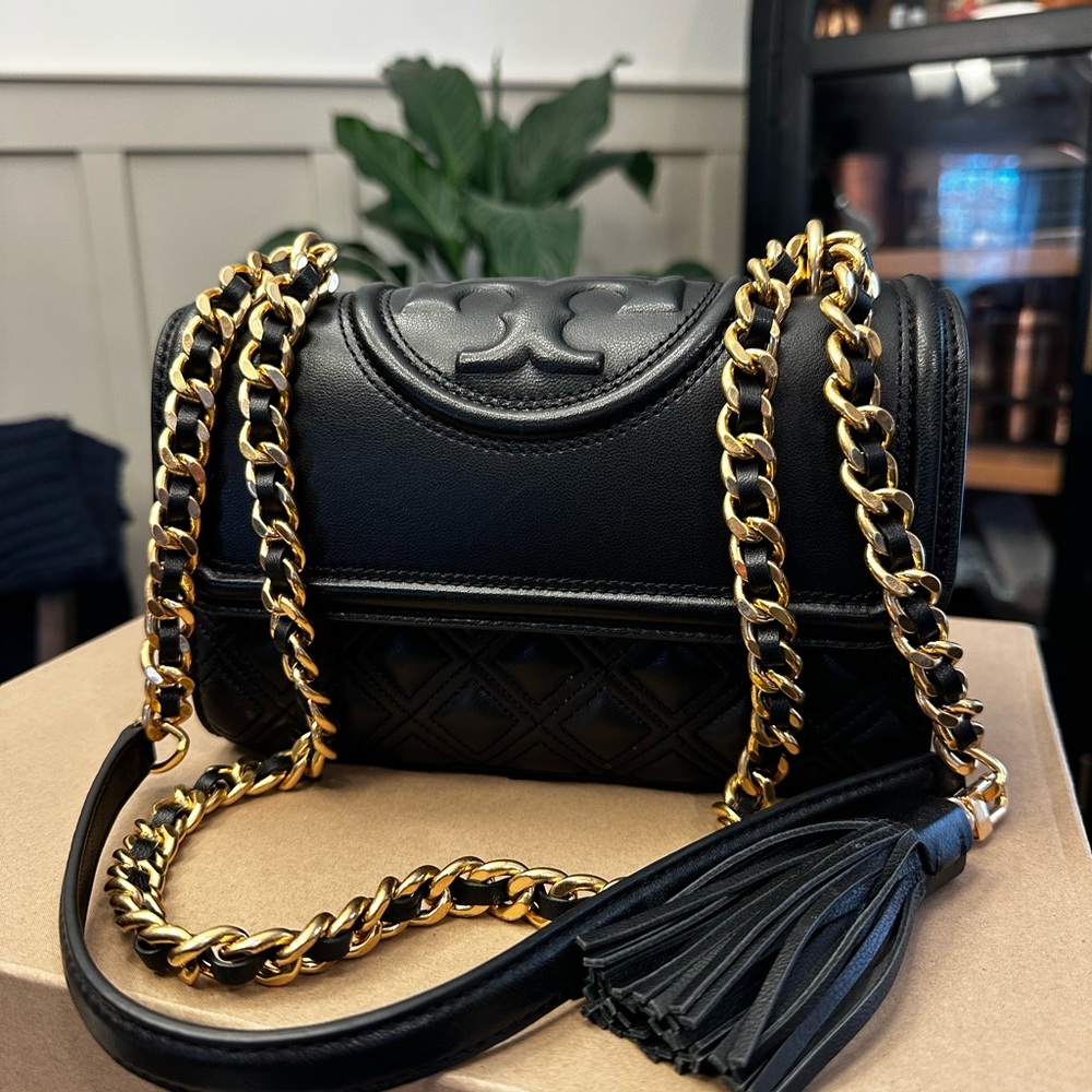 Tory Burch Fleming Small Black Crossbody Bag with Gold Chain